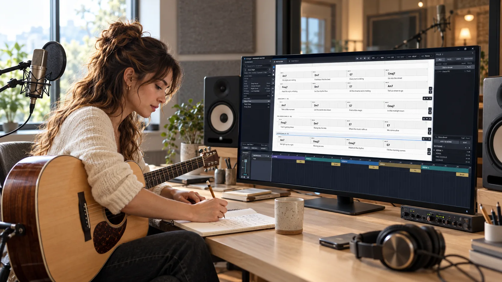 A songwriter with an acoustic guitar writing lyrics, with the Harmonic Pro Studio Arranger’s chord chart on the monitor