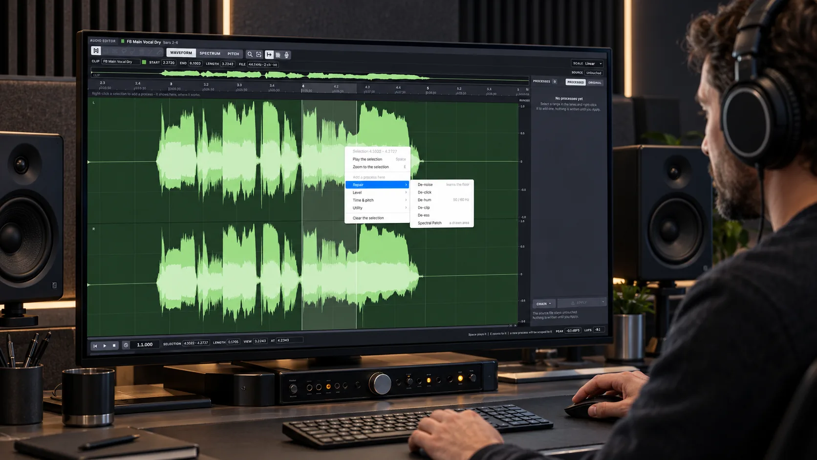 An engineer with headphones cleaning a vocal recording in the Harmonic Pro Studio Audio Editor