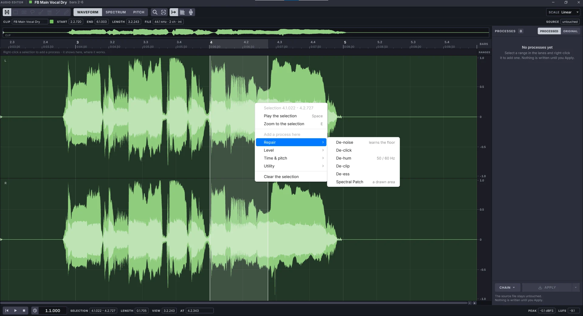 The Harmonic Pro Studio Audio Editor with a vocal selected and the Repair menu open: De-noise, De-click, De-hum, De-clip, De-ess and Spectral Patch
