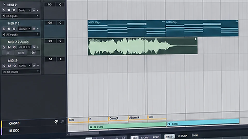 The Harmonic Pro Studio timeline, with the chord lane and the Block Arranger’s BLOCK lane under the tracks