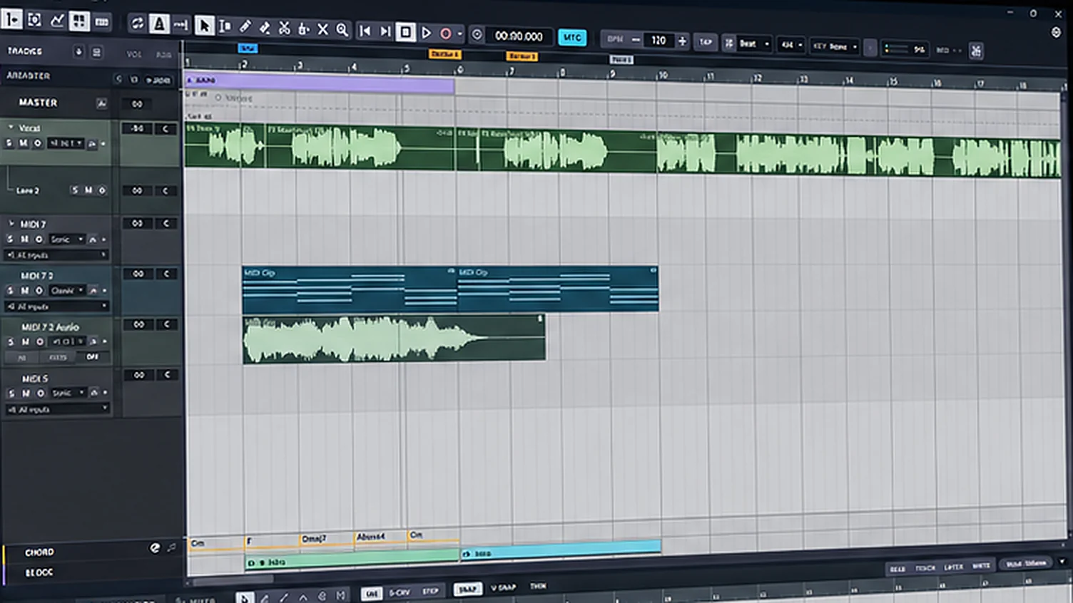 The Harmonic Pro Studio timeline with vocal, MIDI and audio tracks, and the CHORD and BLOCK lanes under them