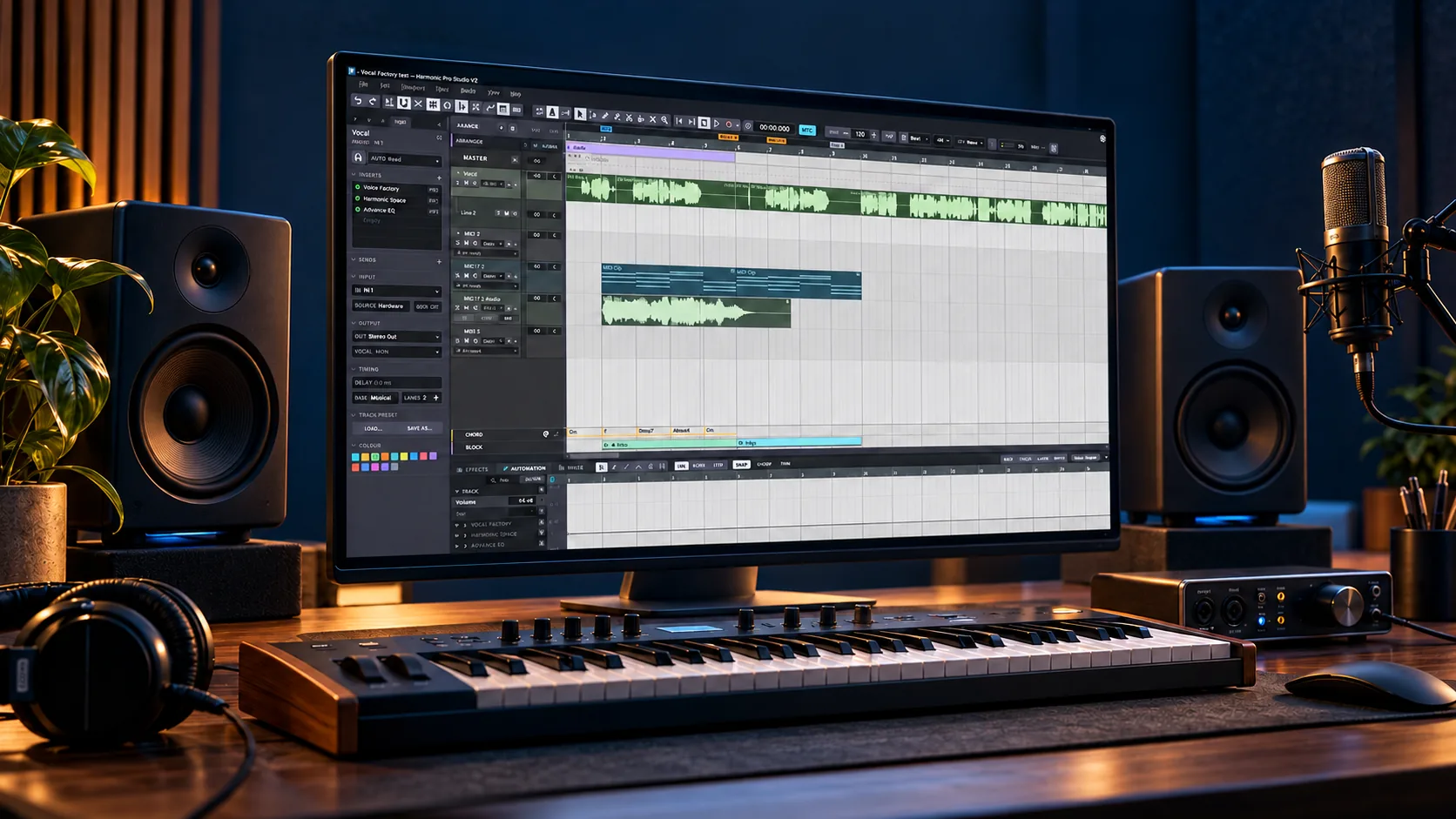 Harmonic Pro Studio open on a studio monitor, with a MIDI keyboard, studio speakers and a microphone