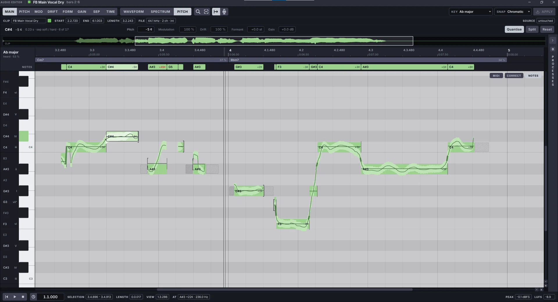 The Harmonic Pro Studio Audio Editor's Pitch view: a vocal shown as notes with their pitch curves, the key and chords heard from the singing, and controls for pitch, modulation, drift, formant and gain