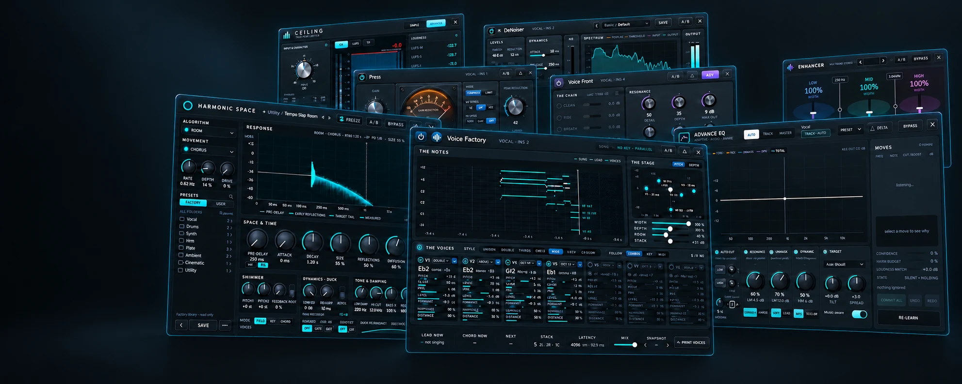 Harmonic Pro Studio plugins: Harmonic Space, Voice Factory, Voice Front, Advance EQ, Ceiling, Press, DeNoiser and Enhancer