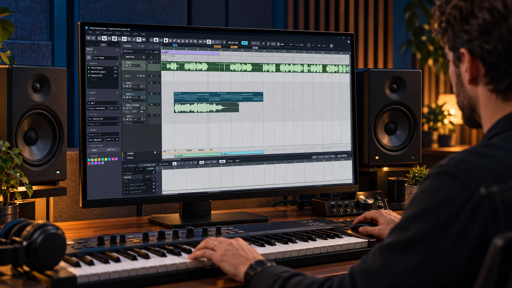 A producer playing a MIDI keyboard in a home studio, with Harmonic Pro Studio open on the monitor between two speakers