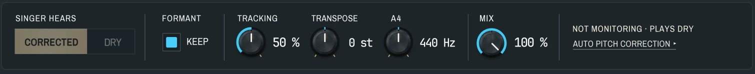 Harmonic Pro Studio Auto Pitch Live real-time vocal pitch correction plugin, bottom bar on playback: not monitoring, plays dry