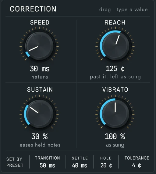 Harmonic Pro Studio Auto Pitch Live real-time vocal pitch correction plugin, Correction panel with Speed, Reach, Sustain and Vibrato, and the values set by the preset