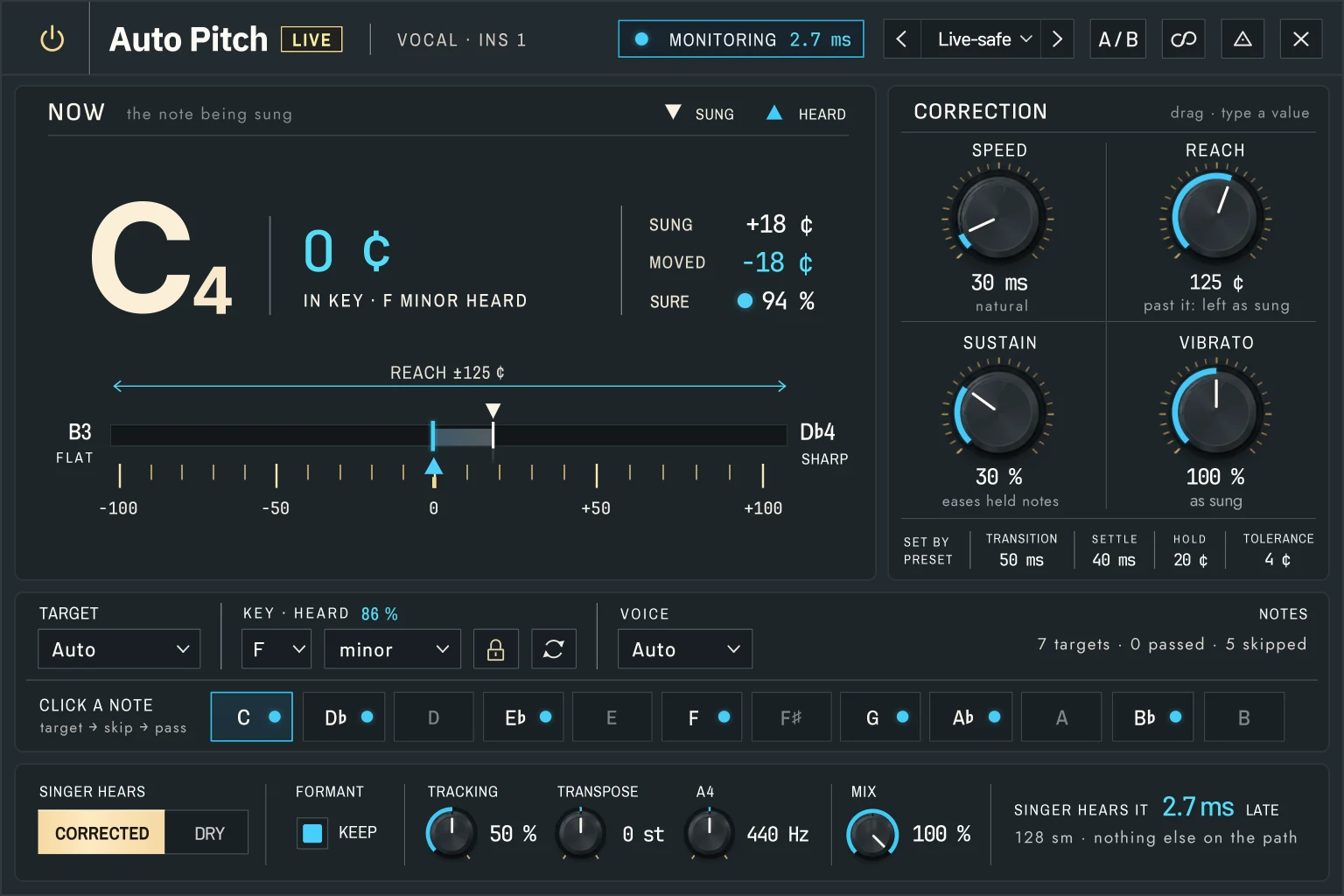 Harmonic Pro Studio Auto Pitch Live real-time vocal pitch correction plugin, with the note being sung, the correction knobs, the target and the notes