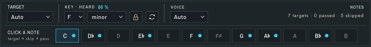 Harmonic Pro Studio Auto Pitch Live real-time vocal pitch correction plugin, Target, heard key, Voice and the twelve note buttons