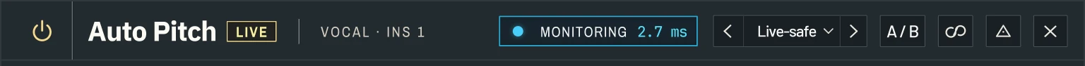 Harmonic Pro Studio Auto Pitch Live real-time vocal pitch correction plugin, title bar with power, track, mode and delay, presets, A/B, compare and delta