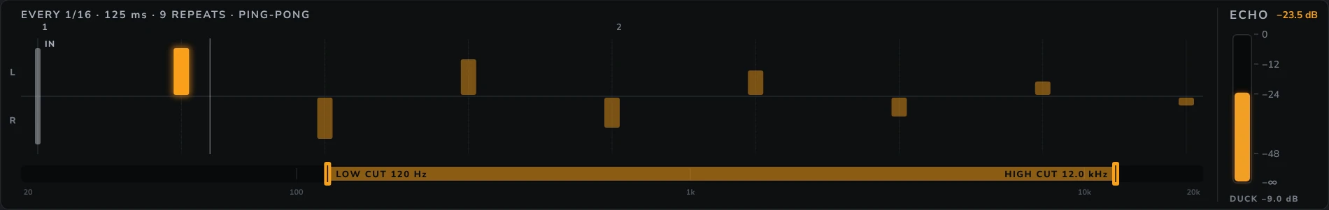 Harmonic Pro Studio Delay echo plugin, the echo line in ping-pong, with the repeats bouncing left and right and the echoes ducked