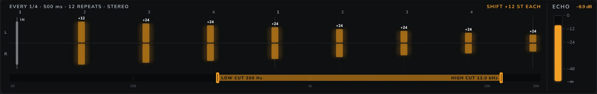 Harmonic Pro Studio Delay echo plugin, the echo line with PITCH SHIFT +12, the repeats climbing an octave and then two