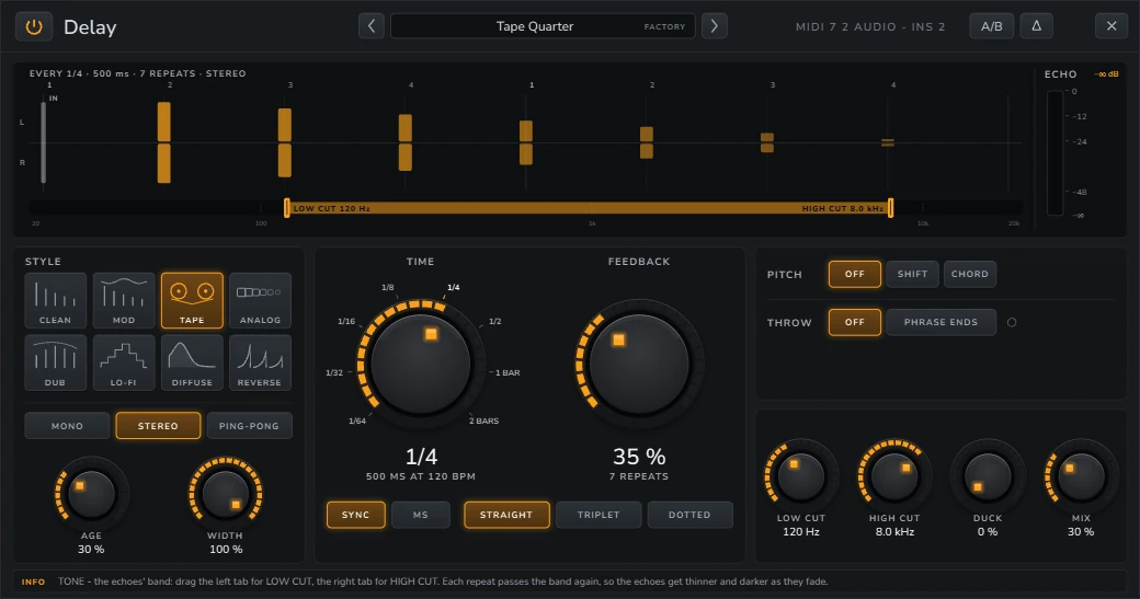 Harmonic Pro Studio Delay echo plugin, with the echo line, the styles, TIME and FEEDBACK, PITCH and THROW, and the tone, duck and mix knobs