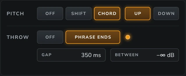 Harmonic Pro Studio Delay echo plugin, PITCH set to CHORD UP and THROW on PHRASE ENDS with GAP and BETWEEN