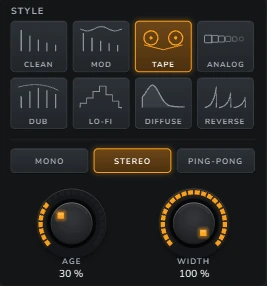 Harmonic Pro Studio Delay echo plugin, the STYLE panel with eight styles, mono, stereo and ping-pong, AGE and WIDTH