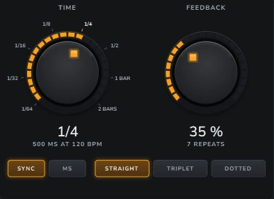 Harmonic Pro Studio Delay echo plugin, TIME and FEEDBACK in SYNC, on a quarter note