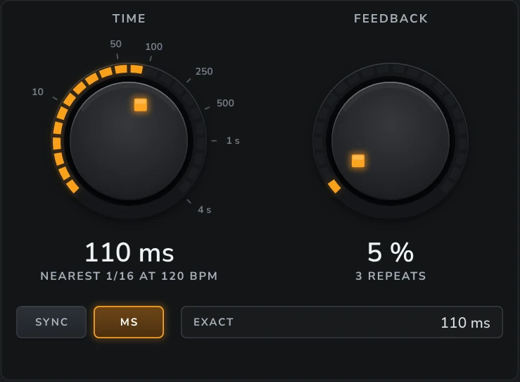 Harmonic Pro Studio Delay echo plugin, TIME and FEEDBACK in MS, 110 ms with EXACT