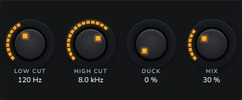 Harmonic Pro Studio Delay echo plugin, LOW CUT, HIGH CUT, DUCK and MIX knobs