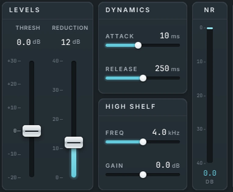 Harmonic Pro Studio DeNoiser plugin, Threshold and Reduction faders, attack, release, high shelf and the NR meter