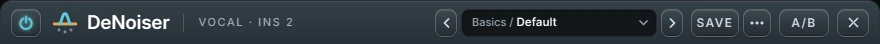 Harmonic Pro Studio DeNoiser plugin, title bar with power, track name, preset browser, save, menu, A/B and close