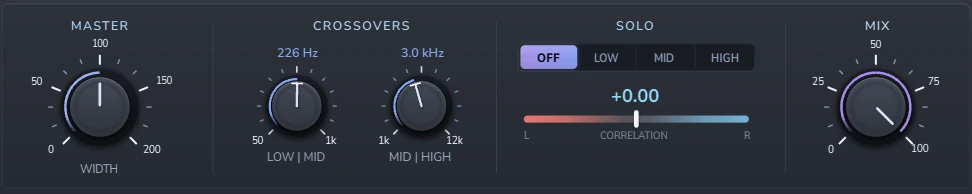 Harmonic Pro Studio Enhancer plugin, Master width, crossovers, solo, correlation meter and mix