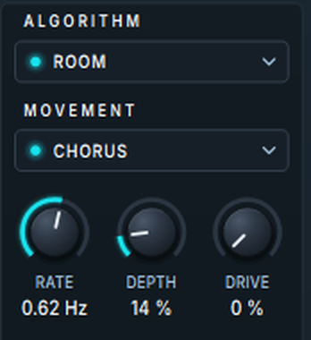 Harmonic Pro Studio Harmonic Space plugin, Algorithm and Movement menus with Rate, Depth and Drive
