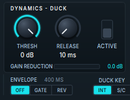 Harmonic Pro Studio Harmonic Space plugin, Dynamics Duck section with Thresh, Release, Active, Envelope and Duck Key