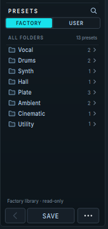 Harmonic Pro Studio Harmonic Space plugin, Presets browser with Factory and User folders