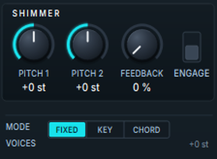 Harmonic Pro Studio Harmonic Space plugin, Shimmer section with Pitch 1, Pitch 2, Feedback, Engage and Mode