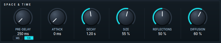 Harmonic Pro Studio Harmonic Space plugin, Space and Time section: Pre-Delay, Attack, Decay, Size, Reflections, Diffusion