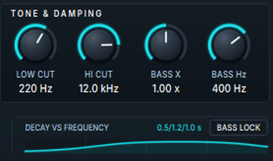 Harmonic Pro Studio Harmonic Space plugin, Tone and Damping section with Low Cut, Hi Cut, Bass X, Bass Hz and Bass Lock