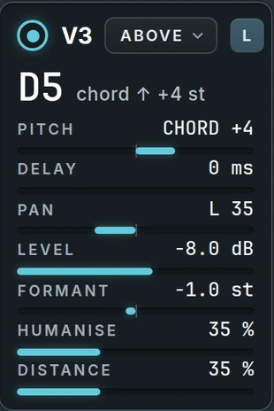 Harmonic Pro Studio Voice Factory plugin, a voice card with role, note, pitch, delay, pan, level, formant, humanise and distance