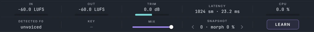 Harmonic Pro Studio Voice Front vocal chain plugin, advanced bottom bar with loudness, trim, latency, CPU, detected pitch, key, mix, snapshot and Learn