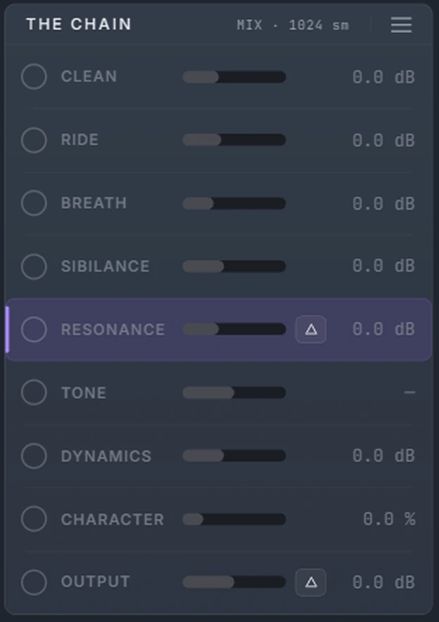 Harmonic Pro Studio Voice Front vocal chain plugin, the chain list with nine stages from Clean to Output