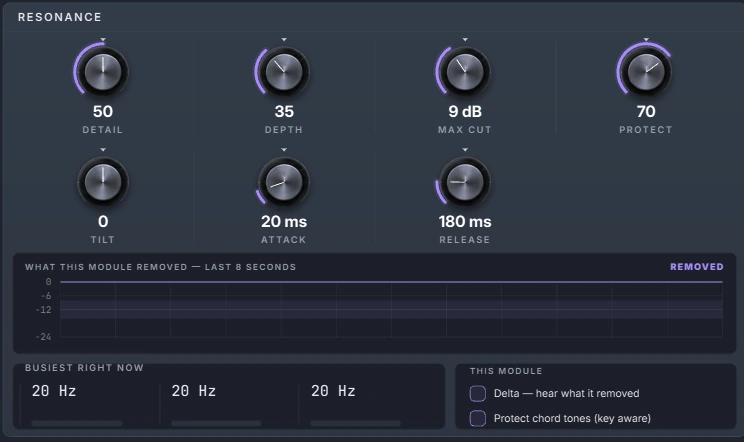 Harmonic Pro Studio Voice Front vocal chain plugin, the Resonance stage with its knobs, removal graph, busiest frequencies and switches