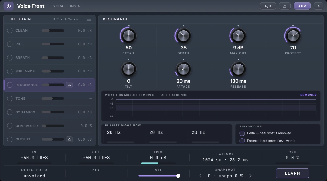 Harmonic Pro Studio Voice Front vocal chain plugin, advanced face with the chain list, the Resonance stage and the bottom bar