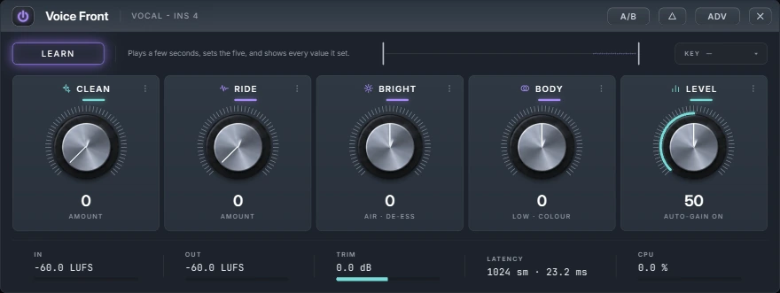 Harmonic Pro Studio Voice Front vocal chain plugin, simple face with Learn and five controls