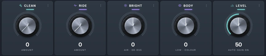 Harmonic Pro Studio Voice Front vocal chain plugin, the five controls Clean, Ride, Bright, Body and Level