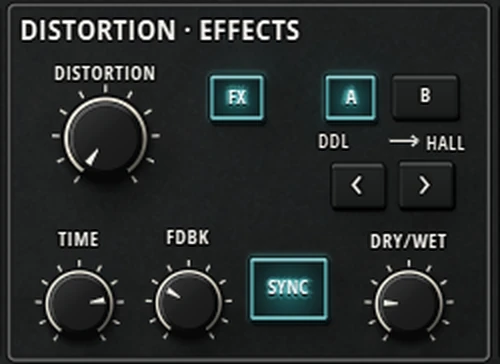 Harmonic Pro Studio Harmonic Classic synthesizer, Distortion and two effect slots with time, feedback, sync and dry/wet
