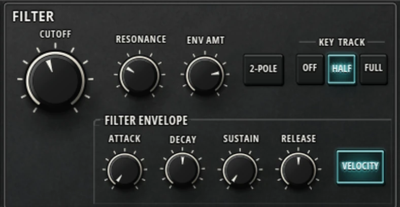 Harmonic Pro Studio Harmonic Classic synthesizer, ladder filter with cutoff, resonance, envelope amount, key track and filter envelope
