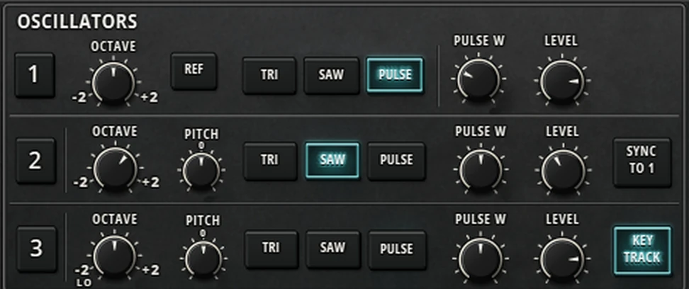 Harmonic Pro Studio Harmonic Classic synthesizer, three oscillators with octave, pitch, waveforms, pulse width and level