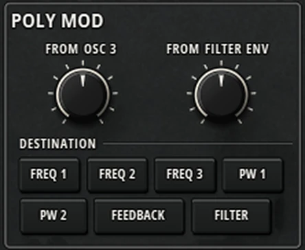 Harmonic Pro Studio Harmonic Classic synthesizer, Poly Mod from oscillator 3 and filter envelope with destinations
