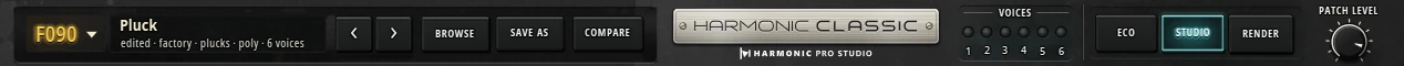 Harmonic Pro Studio Harmonic Classic synthesizer, patch display, browser buttons, voice lights and quality modes