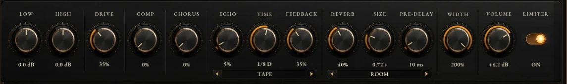Harmonic Pro Studio HPS Piano instrument, the effects row with low, high, drive, comp, chorus, echo, time, feedback, reverb, size, pre-delay, width, volume and limiter