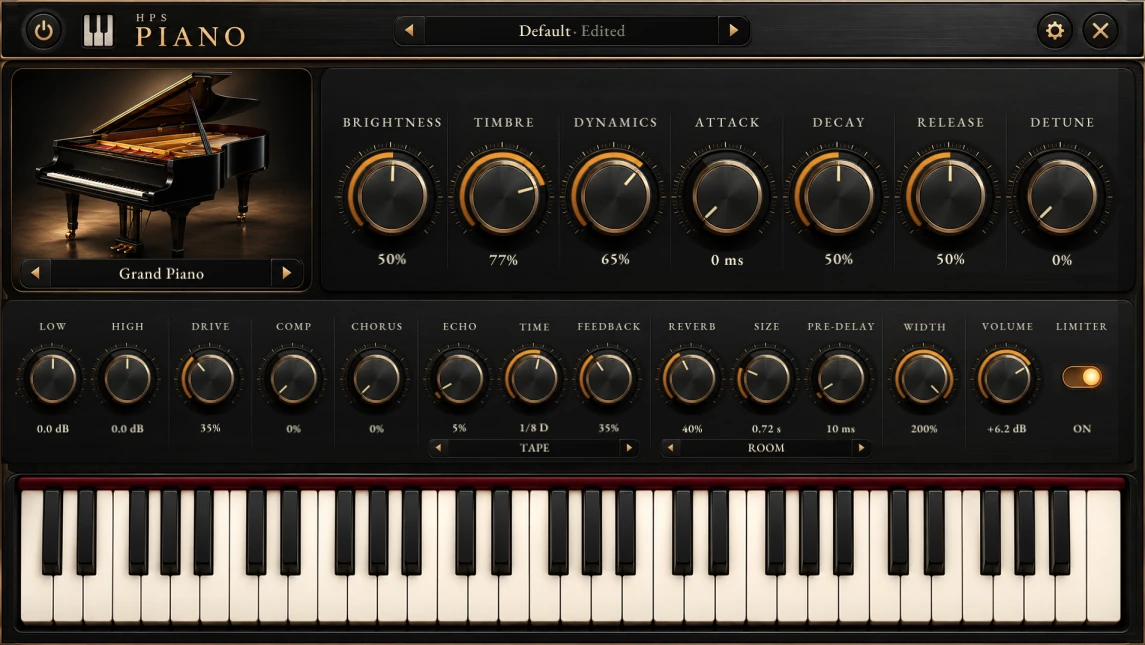 Harmonic Pro Studio HPS Piano instrument, with the preset bar, the grand piano and MODEL, the seven piano knobs, the effects row and the keyboard