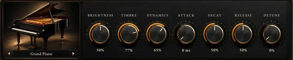 Harmonic Pro Studio HPS Piano instrument, the grand piano picture with MODEL and the knobs brightness, timbre, dynamics, attack, decay, release and detune