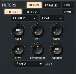 Harmonic Pro Studio Sonic synthesizer, the filters with series, parallel, link, filter type, cutoff, resonance, track, drive, envelope amount and balance