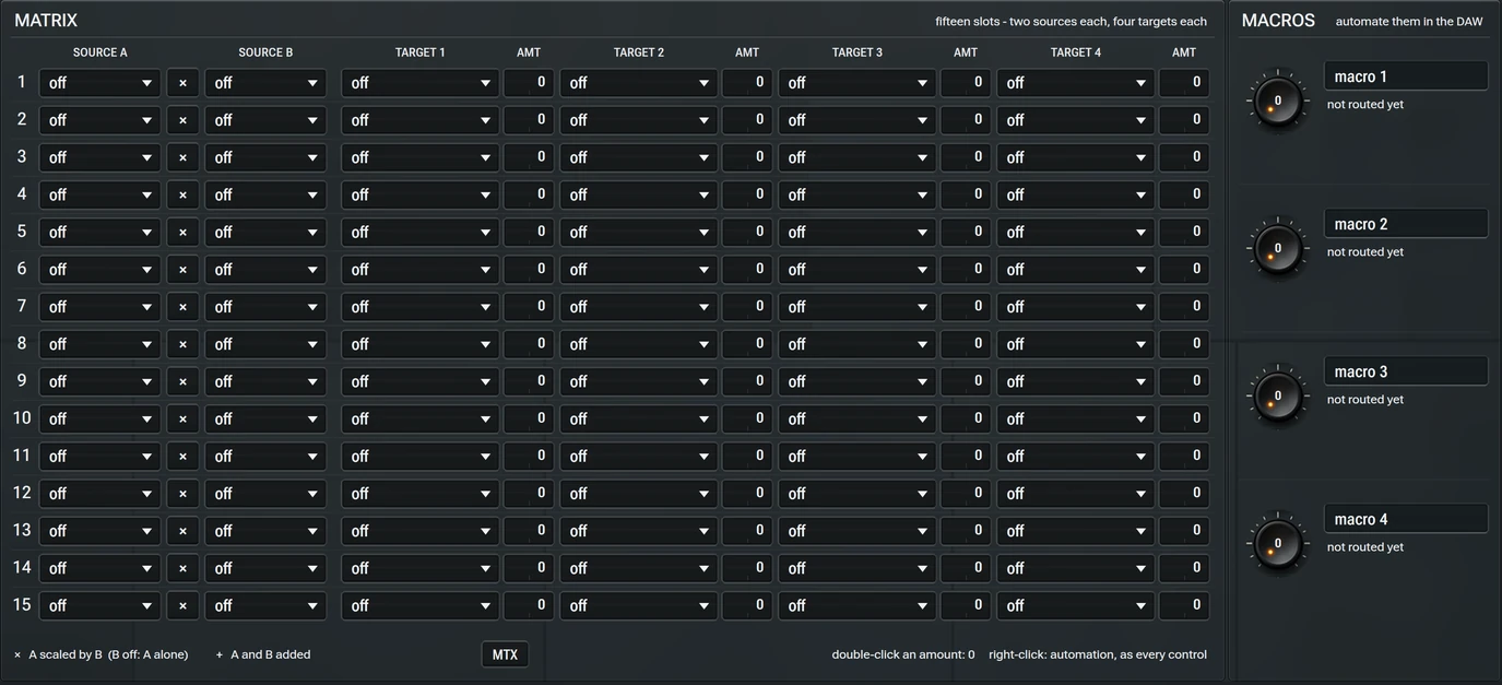 Harmonic Pro Studio Sonic synthesizer, the modulation matrix with fifteen slots and four macros