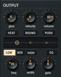Harmonic Pro Studio Sonic synthesizer, the output with glue, velocity, volume, heat, round, push and a three-band EQ