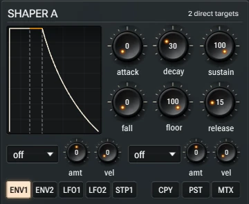 Harmonic Pro Studio Sonic synthesizer, Shaper A with the envelope curve, six stages and two direct targets